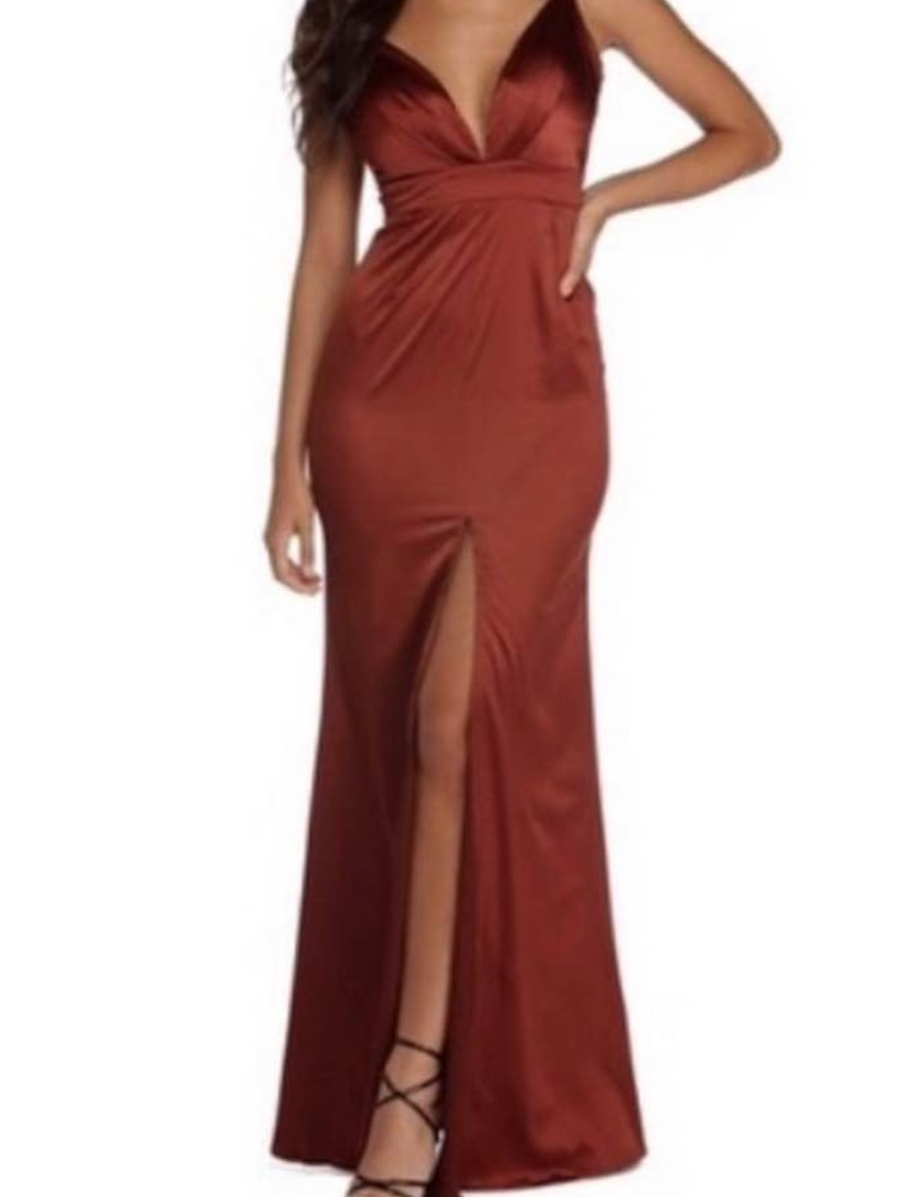 Windsor Rust Satin Plunge V-Neck Prom Gown with Front Slit